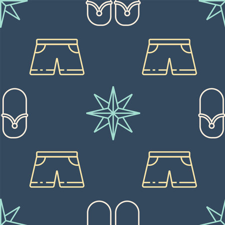 Set line Flip flops, Swimming trunks and Wind rose on seamless pattern. Vector