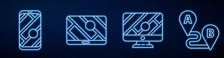 Set line Monitor with location marker, City map navigation, City map navigation and Route location. Glowing neon icon on brick wall. Vectorのイラスト素材
