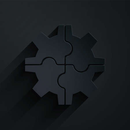 Paper cut Gear icon isolated on black background. Cogwheel gear settings sign. Cog symbol. Paper art style. Vector Illustrationのイラスト素材