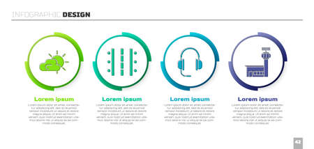 Set Sun and cloud weather, Airport runway, Headphones with microphone and Airport control tower. Business infographic template. Vectorのイラスト素材