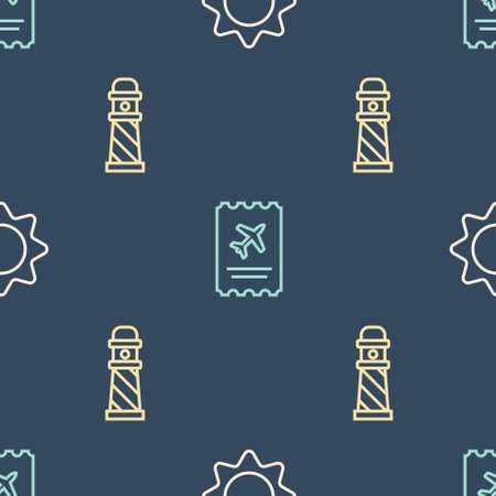 Set line Sun, Lighthouse and Airline ticket on seamless pattern. Vectorのイラスト素材