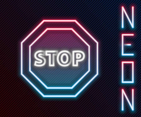 Glowing neon line Stop sign icon isolated on black background. Traffic regulatory warning stop symbol. Colorful outline concept. Vector Illustrationのイラスト素材