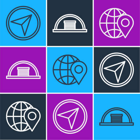 Set line Infographic of city map navigation, Location on the globe and Hangar icon. Vectorのイラスト素材