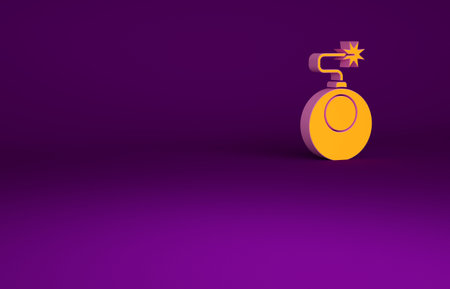 Orange Bomb ready to explode icon isolated on purple background. Minimalism concept. 3d illustration...