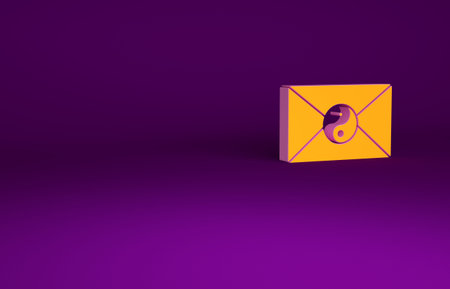 Orange Yin Yang and envelope icon isolated on purple background. Symbol of harmony and balance....