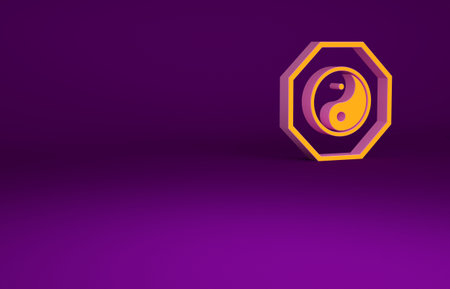 Orange Yin Yang symbol of harmony and balance icon isolated on purple background. Minimalism...