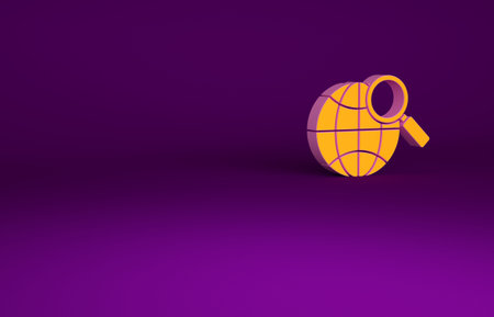 Orange Magnifying glass with globe icon isolated on purple background. Analyzing the world. Global...