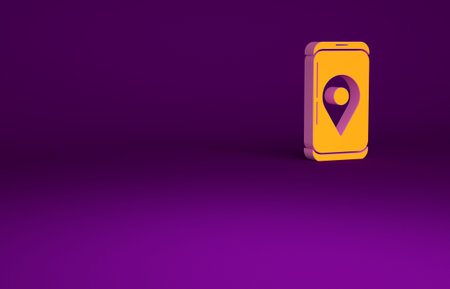 Orange Mobile smart phone with app delivery tracking icon isolated on purple background. Parcel...