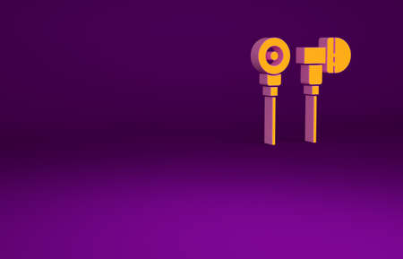 Orange Air headphones icon icon isolated on purple background. Holder wireless in case earphones garniture electronic gadget. Minimalism concept. 3d illustration 3D renderの写真素材