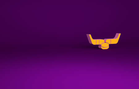 Orange Ice hockey sticks and puck icon isolated on purple background. Game start. Minimalism concept. 3d illustration 3D renderの写真素材