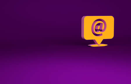 Orange Mail and e-mail on speech bubble icon isolated on purple background. Envelope symbol e-mail. Email message sign. Minimalism concept. 3d illustration 3D renderの写真素材