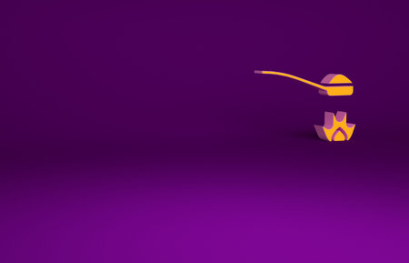 Orange Heroin in a spoon icon isolated on purple background. Concept of drug addiction and dependence from the narcotic. Junkie lifestyle. Minimalism concept. 3d illustration 3D renderの写真素材