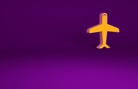 Orange Plane icon isolated on purple background. Flying airplane icon. Airliner sign. Minimalism...