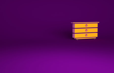 Orange Chest of drawers icon isolated on purple background. Minimalism concept. 3d illustration 3D...