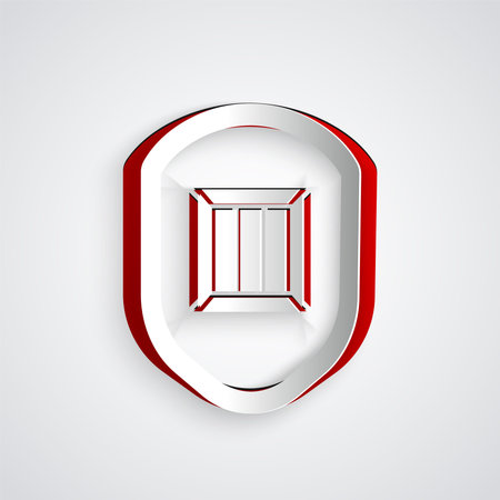 Paper cut Delivery security with shield icon isolated on grey background. Delivery insurance. Insured cardboard boxes beyond the shield. Paper art style. Vector Illustrationのイラスト素材