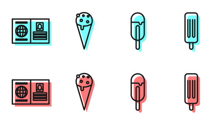 Set line Ice cream, Passport, Ice cream in waffle cone and Ice cream icon. Vectorのイラスト素材