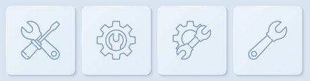 Set line Screwdriver and wrench spanner, Wrench gear, and . White square button. Vectorのイラスト素材
