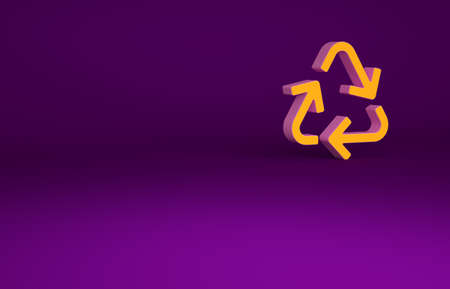 Orange Recycle symbol icon isolated on purple background. Circular arrow icon. Environment recyclable go green. Minimalism concept. 3d illustration 3D renderの写真素材