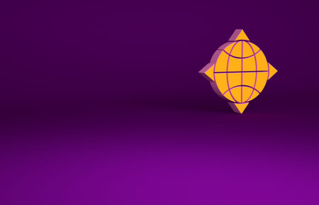Orange World globe with compass icon isolated on purple background. Minimalism concept. 3d illustration 3D renderの写真素材