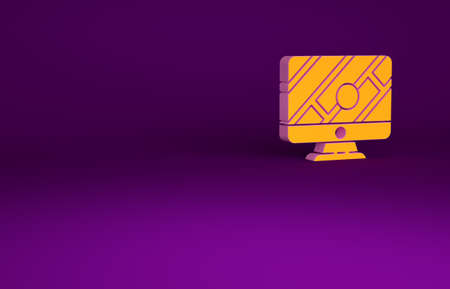 Orange Computer monitor and folded map with location marker icon isolated on purple background. Minimalism concept. 3d illustration 3D renderの写真素材