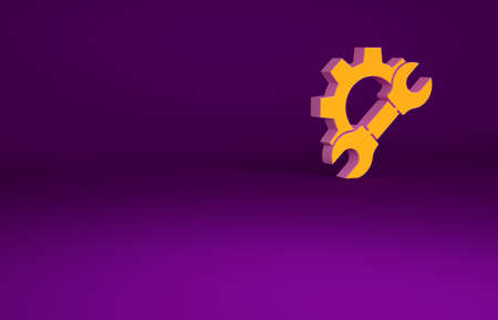 Orange Wrench spanner and gear icon isolated on purple background. Adjusting, service, setting, maintenance, repair, fixing. Minimalism concept. 3d illustration 3D renderの写真素材