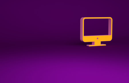 Orange Computer monitor screen icon isolated on purple background. Electronic device. Front view....