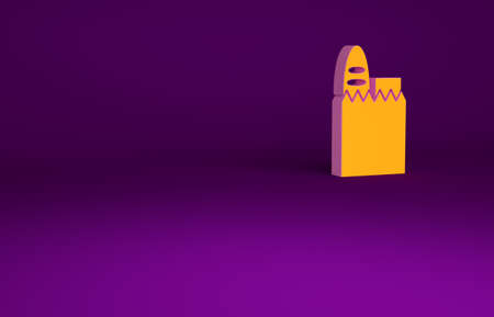 Orange Paper shopping bag and food icon isolated on purple background. Food store, supermarket. Minimalism concept. 3d illustration 3D renderの写真素材