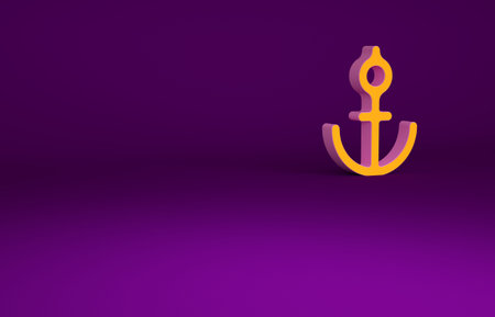 Orange Anchor icon isolated on purple background. Minimalism concept. 3d illustration 3D render