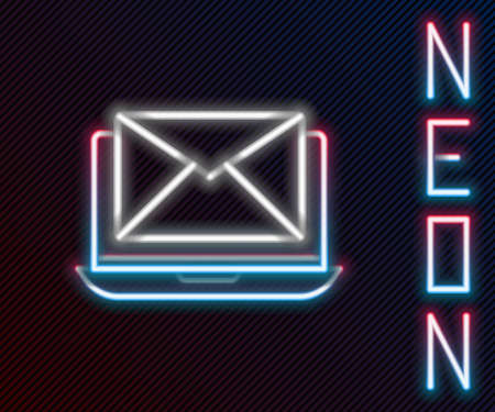 Glowing neon line Laptop with envelope and open email on screen icon isolated on black background. Email marketing, internet advertising concepts. Colorful outline concept. Vector Illustrationのイラスト素材
