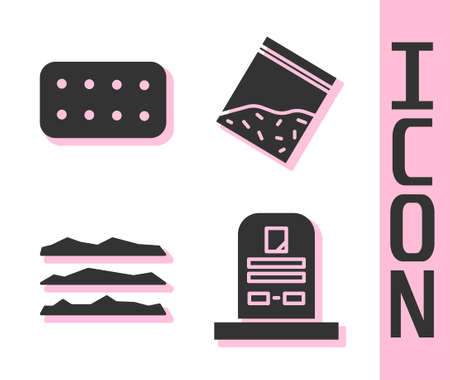 Set Tombstone with RIP written, Pills in blister pack, Cocaine or heroin drug and Plastic bag of drug icon. Vectorのイラスト素材
