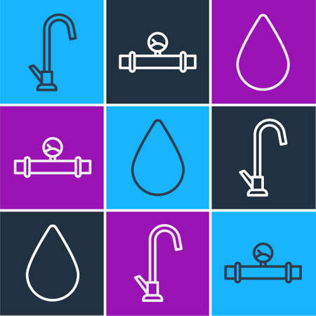 Set line Water tap, Water drop and Industry pipe and manometer icon. Vectorのイラスト素材