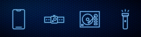 Set line Vinyl player, Smartphone, mobile phone, Smartwatch and Flashlight. Glowing neon icon on...