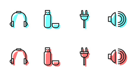 Set line Electric plug, Headphones, USB flash drive and Speaker volume icon. Vector