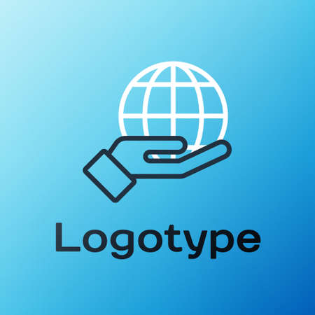 Line Human hand holding Earth globe icon isolated on blue background. Save earth concept. Colorful outline concept. Vector Illustrationのイラスト素材