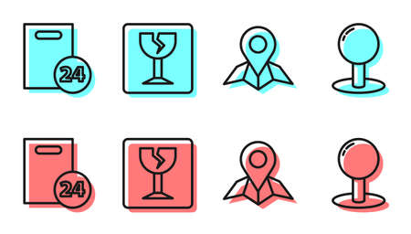 Set line Placeholder on map paper, Delivery with cardboard boxes, Fragile broken glass and Push pin icon. Vectorのイラスト素材