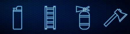 Set line Fire extinguisher, Lighter, Fire escape and Firefighter axe. Glowing neon icon on brick wall. Vectorのイラスト素材