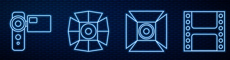 Set line Movie spotlight, Cinema camera, Movie spotlight and Play Video. Glowing neon icon on brick...