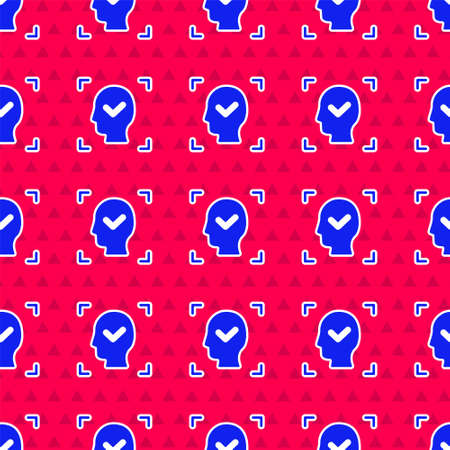 Blue Face recognition with check mark icon isolated seamless pattern on red background. Face identification scanner icon. Facial id. Cyber security concept. Vectorのイラスト素材