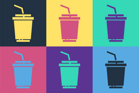 Pop art Paper glass with drinking straw and water icon isolated on color background. Soda drink glass. Fresh cold beverage symbol. Vectorのイラスト素材