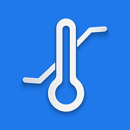 Paper cut Meteorology thermometer measuring icon isolated on blue background. Thermometer equipment showing hot or cold weather. Paper art style. Vectorのイラスト素材