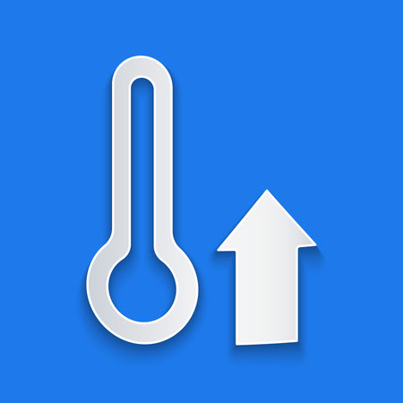 Paper cut Meteorology thermometer measuring icon isolated on blue background. Thermometer equipment...