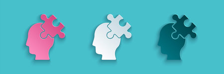 Paper cut Solution to the problem in psychology icon isolated on blue background. Puzzle. Therapy...