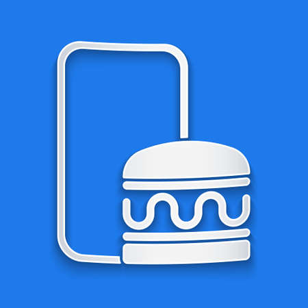Paper cut Online ordering and fast food delivery icon isolated on blue background. Burger sign. Paper art style. Vectorのイラスト素材
