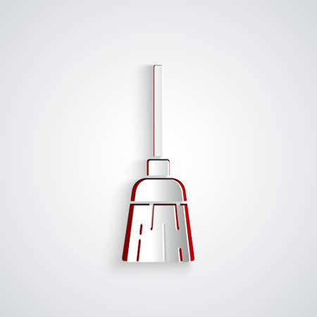 Paper cut Witches broom icon isolated on grey background. Happy Halloween party. Paper art style. Vectorのイラスト素材