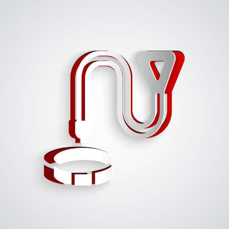 Paper cut Collar with name tag icon isolated on grey background. Simple supplies for domestic animal. Cat and dog care. Pet chains. Paper art style. Vectorのイラスト素材