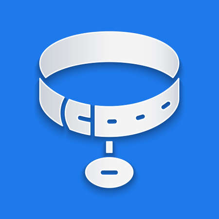 Paper cut Collar with name tag icon isolated on blue background. Simple supplies for domestic animal. Cat and dog care. Pet chains. Paper art style. Vectorのイラスト素材