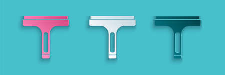 Paper cut Cleaning service with of rubber cleaner for windows icon isolated on blue background. Squeegee, scraper, wiper. Paper art style. Vectorのイラスト素材