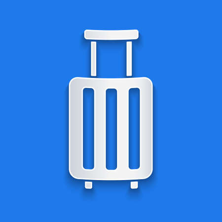 Paper cut Suitcase for travel icon isolated on blue background. Traveling baggage sign. Travel luggage icon. Paper art style. Vector Illustrationのイラスト素材