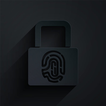 Paper cut Fingerprint with lock icon isolated on black background. ID app icon. Identification sign....