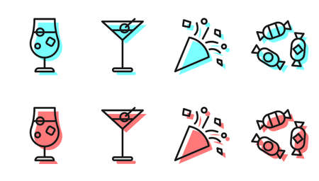 Set line Festive confetti, Cocktail and alcohol drink, Martini glass and Candy icon. Vectorのイラスト素材